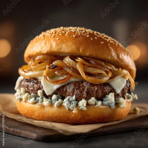 gourmet burger mockup with blue cheese and caramelized onions on dark surface, perfect lighting, realistic and cinematic style