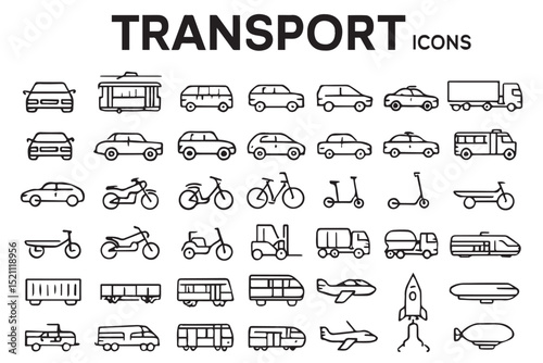 Transportation and vehicles icons set cars, buses, trucks, bicycles, motorcycles, boats, airplanes, and more for various travel modes