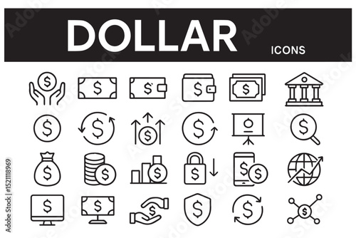 Currency, dollar signs, finance, and banking icons wallet, bank, money transfer, coin, growth, and payment methods icons set