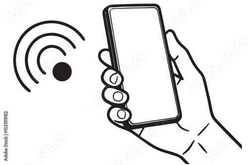 Minimalist line art of a hand holding a smartphone with signal waves, representing communication or connectivity