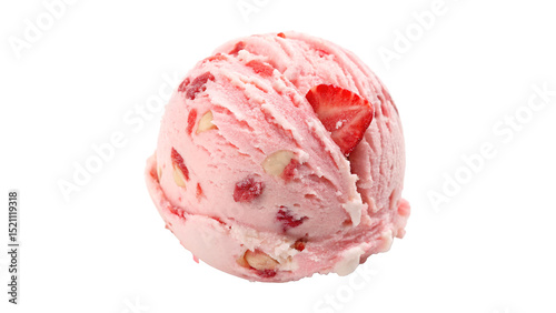 A single scoop of pink strawberry ice cream with smooth white swirls and  pieces of  strawberries  isolated on transparent background