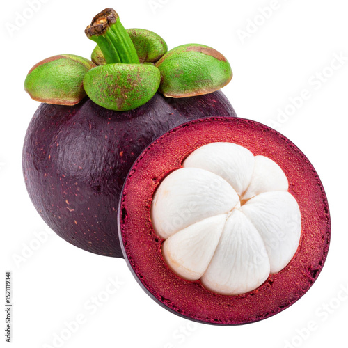 Mangosteen fruit with vibrant green leaves