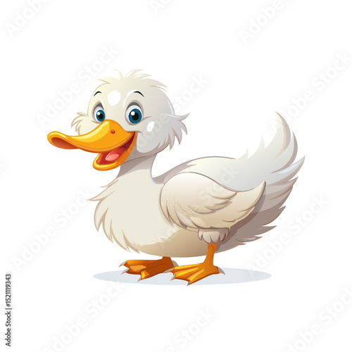 A cute, funny cartoon duck character with a happy smile is isolated on white photo