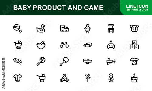 Vector Icons Collection for Baby Products and Games Including Toys, Rattles, Pacifiers, and Play Elements