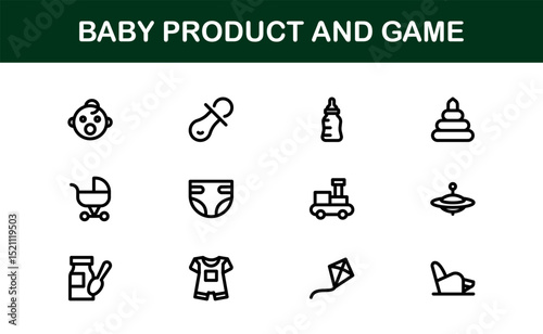 Vector Icons Collection for Baby Products and Games Including Toys, Rattles, Pacifiers, and Play Elements