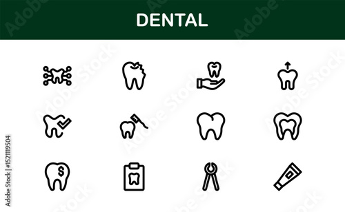 Dental Care Icon Set in Vector Style Featuring Teeth, Toothbrush, Dentist Tools, and Oral Hygiene Symbols for Medical and Health Projects