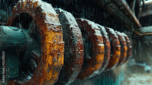 Close-up of rusted industrial gears under heavy rain in a factory setting, showcasing weathering effects