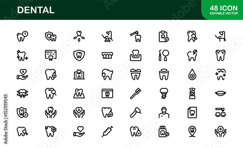 Dental Care Icon Set in Vector Style Featuring Teeth, Toothbrush, Dentist Tools, and Oral Hygiene Symbols for Medical and Health Projects