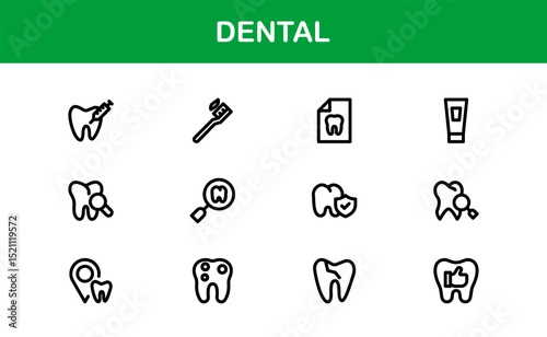 Dental Care Icon Set in Vector Style Featuring Teeth, Toothbrush, Dentist Tools, and Oral Hygiene Symbols for Medical and Health Projects