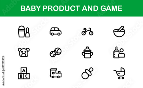 Vector Icons Collection for Baby Products and Games Including Toys, Rattles, Pacifiers, and Play Elements