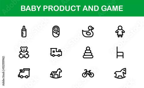Vector Icons Collection for Baby Products and Games Including Toys, Rattles, Pacifiers, and Play Elements