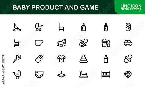 Vector Icons Collection for Baby Products and Games Including Toys, Rattles, Pacifiers, and Play Elements