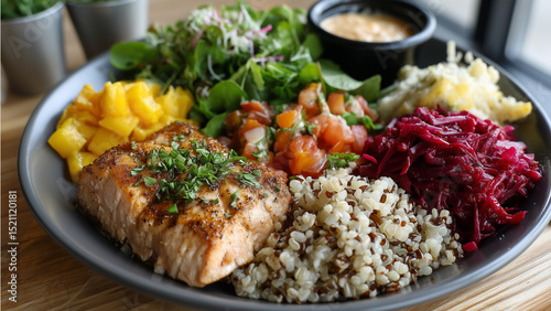 Balanced plate concept showing Harvard Plate style: half filled with fresh greens, one quarter lean protein, and one quarter whole grains, illustrating healthy portion control and nutritious eating.