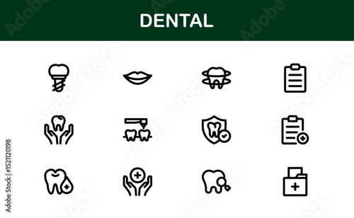 Dental Care Icon Set in Vector Style Featuring Teeth, Toothbrush, Dentist Tools, and Oral Hygiene Symbols for Medical and Health Projects