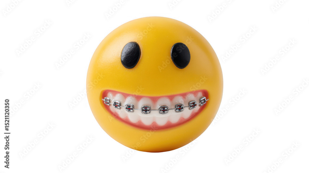Fototapeta premium 3d rendering of a cheerful yellow emoji showcasing braces on a transparent background, emphasizing dental care and orthodontic treatment with a playful touch