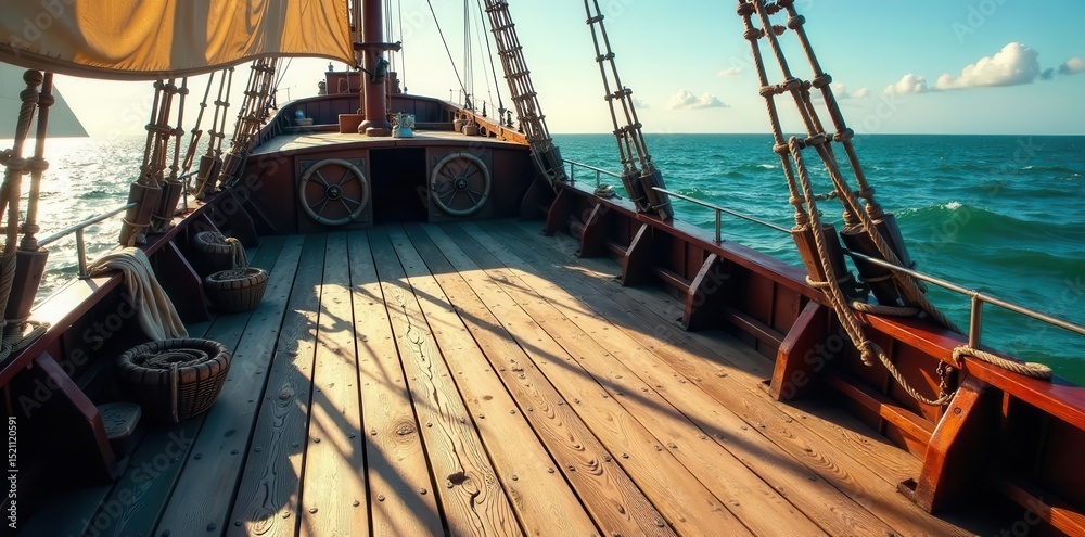 Fototapeta premium Sun-bleached pirate ship deck, loose planks, frayed ropes, wooden, ship, worn