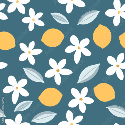 Lemon and white flower pattern with blue leaves on light blue background seamless pattern for fabric, textiles, clothing, wallpaper, cover, banner, home decor, florals backgrounds