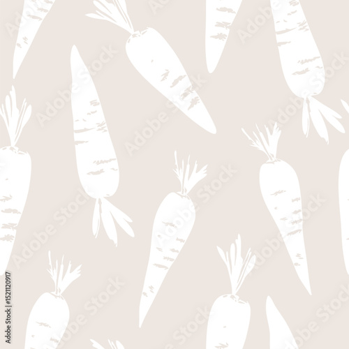 White carrot vegetable pattern on beige background seamless pattern for fabric, textiles, clothing, wallpaper, cover, banner, home decor, florals backgrounds