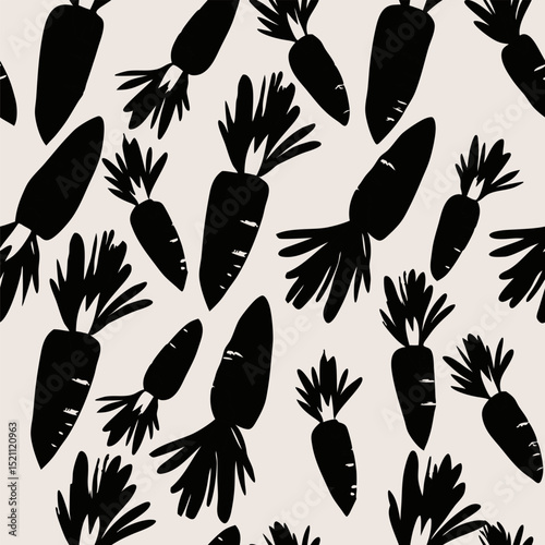 Bold black carrot vegetable pattern on light background seamless pattern for fabric, textiles, clothing, wallpaper, cover, banner, home decor, florals backgrounds