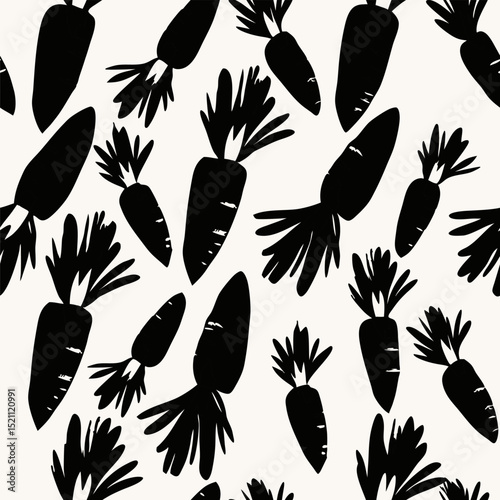 Bold black carrot vegetable pattern on light background seamless pattern for fabric, textiles, clothing, wallpaper, cover, banner, home decor, florals backgrounds