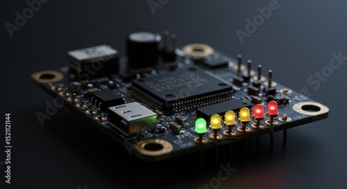Close-up of a microcontroller board with illuminated LEDs, showcasing technology and innovation