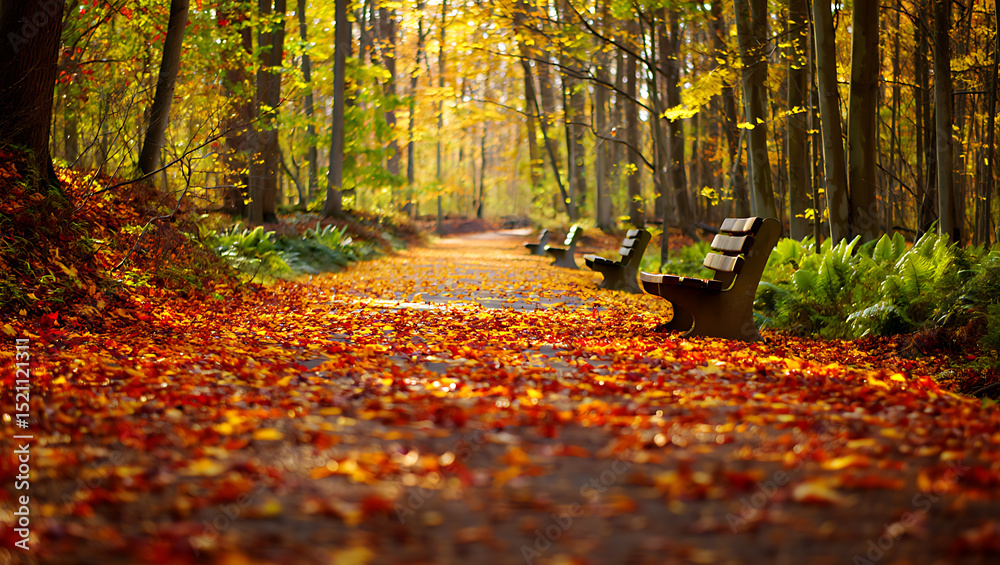 Obraz premium An enchanting path winds through the autumn forest, showcasing vibrant fall foliage and the serene beauty of nature