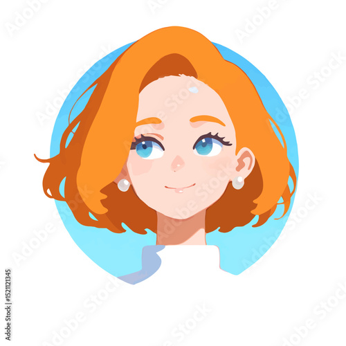Cute Cartoon Girl with Red Hair, Blue Eyes, Earrings, and Light Blue Background