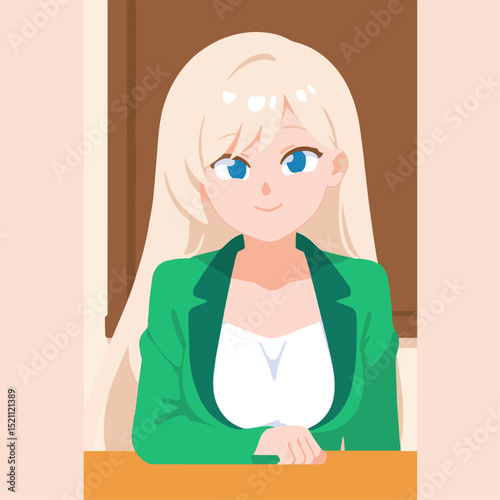 Blonde Anime Girl Character Green Jacket White Top