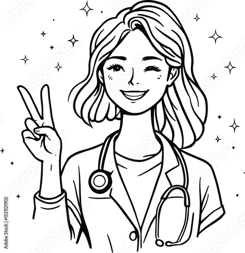 Healthcare Professional Symbol Featuring a Figure Wearing a Medical Coat and Stethoscope, Holding Up a Hand in a Peace Sign Gesture, Surrounded by Sparkles—Representing Wellness, Care, 