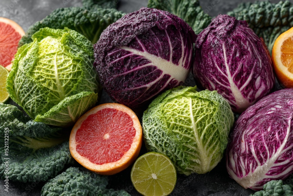 Fototapeta premium Fresh colorful cabbages and citrus fruits arranged on a dark surface for a vibrant culinary display