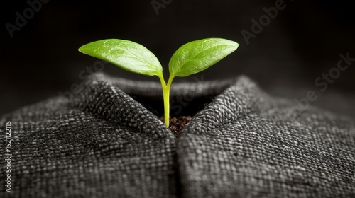 A green sprout emerging from the fabric of a dark, textured garment, symbolizing growth and sustainability