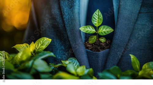 Businessman in a suit with a small plant in his pocket, surrounded by lush greenery, symbolizing growth