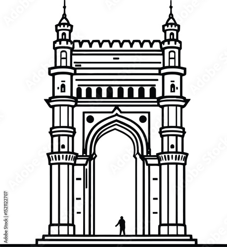 Charminar Monument Symbol Featuring an Iconic Indo-Islamic Architectural Structure with Four Minarets, Ornate Detailing, and a Central Archway—Representing Heritage, History, and Cultural Significance