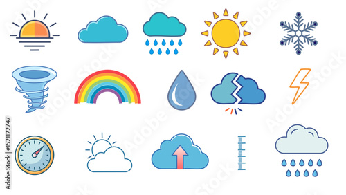 Colorful Weather Icon Collection Featuring Sun Clouds Rain Snowstorm Lightning And Meteorological Symbols
