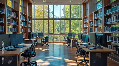 Serene library interior bathed in natural light creating a peaceful academic atmosphere ideal for studying and research displaying rows of books and computer workstations