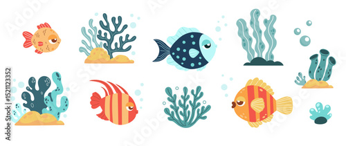 Cute Tropical Fish and Sea seaweed and Coral, seabed. Isolated underwater decorative animals and plants on white background. Vector illustration