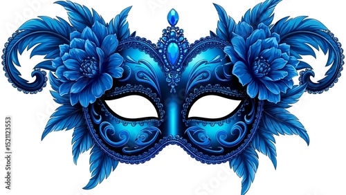 Ornate blue masquerade mask with floral decorations and intricate patterns on a white background
