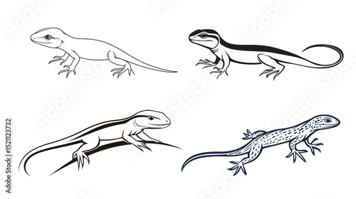 Minimalist line art illustration of a lizard on a white background, featuring clean continuous lines and detailed contours, symbolizing nature, reptiles, wildlife, and modern design concepts for decor