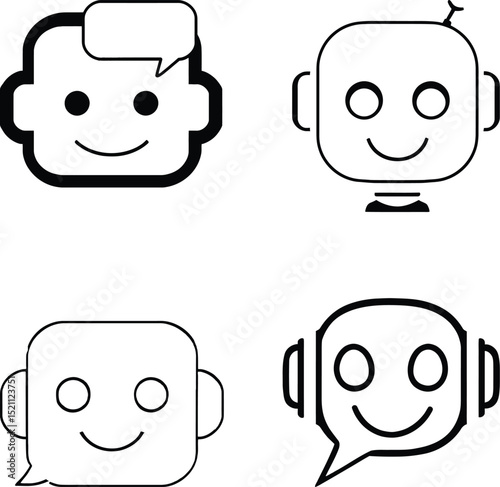 Robot Face Symbol Set Featuring Four Unique AI-Themed Designs: A Basic Robot Face with a Speech Bubble, A Robot with an Antenna and a Structured Collar, A Minimalistic Robot Face Emitting 
