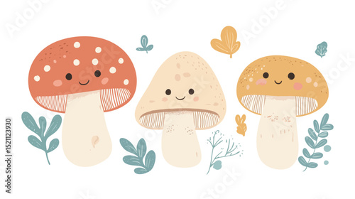 Cute cartoony mushroom vector illustration featuring bright colors, smiling face, and simple shapes, perfect for children’s books, stickers, icons, and playful graphic design projects 