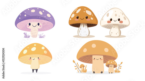 Cute cartoony mushroom vector illustration featuring bright colors, smiling face, and simple shapes, perfect for children’s books, stickers, icons, and playful graphic design projects 