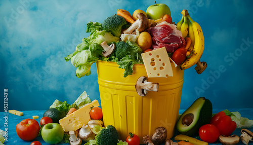 Uneaten unused spoiled vegetables thrown in the trash container. Food loss and food waste. Reducing wasted food, composting, rotten veggies in a trash photo