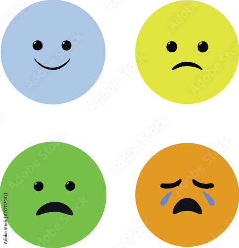Emotional Expression Symbol Set Featuring Four Unique Faces: A Smiling Face in Light Blue Representing Happiness, A Sad Face in Yellow Symbolizing Sorrow, A Frowning Face in Green Indicating Mild 