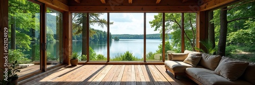 Rustic lakeside summer home with expansive windows offering breathtaking views of the tranquil water and surrounding nature Perfect for a peaceful getaway , dock, porch, lake house