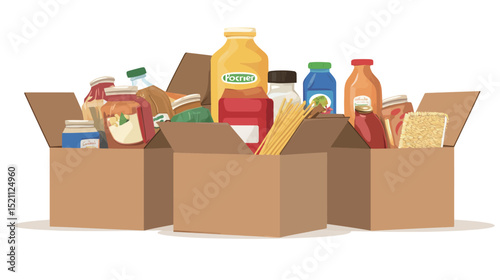 Cardboard box filled with various food items – grocery delivery and donation concept in flat vector illustration