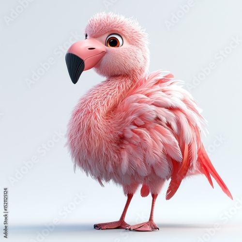 Fluffy pink cartoon flamingo with black beak standing on light background with vibrant feathers and curious expression Generative AI