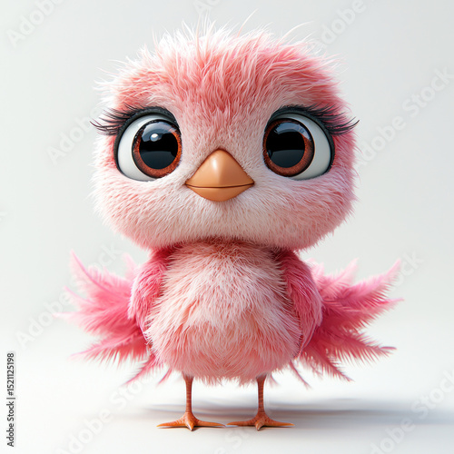 Adorable fluffy pink cartoon bird with big eyes, long lashes, and orange beak standing on white background facing forward Generative AI