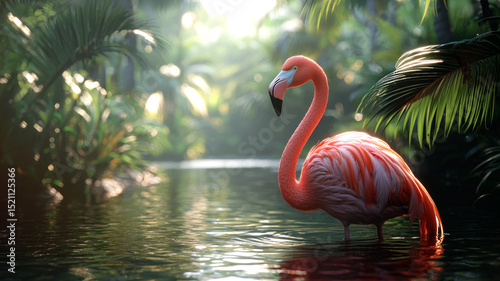 Graceful pink flamingo standing in lush tropical jungle water with sunlight filtering through palm leaves and vibrant reflections Generative AI