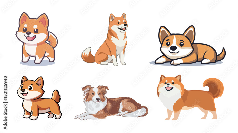 Cute cartoon vector illustration of a happy dog on a white background, featuring playful expression, simplified shapes, and bright colors, ideal for children’s books, pet-related designs, logos, icons