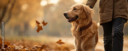 Golden retriever stands beside person in park during autumn, surrounded by falling leaves. warm colors of season create serene and joyful atmosphere